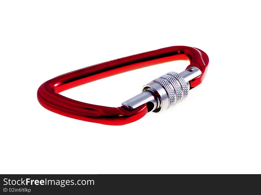 Red carabiner for mowntain climbing