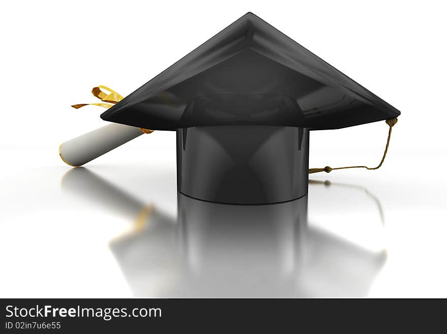 Black bachelor's hat and diploma on mirror plane