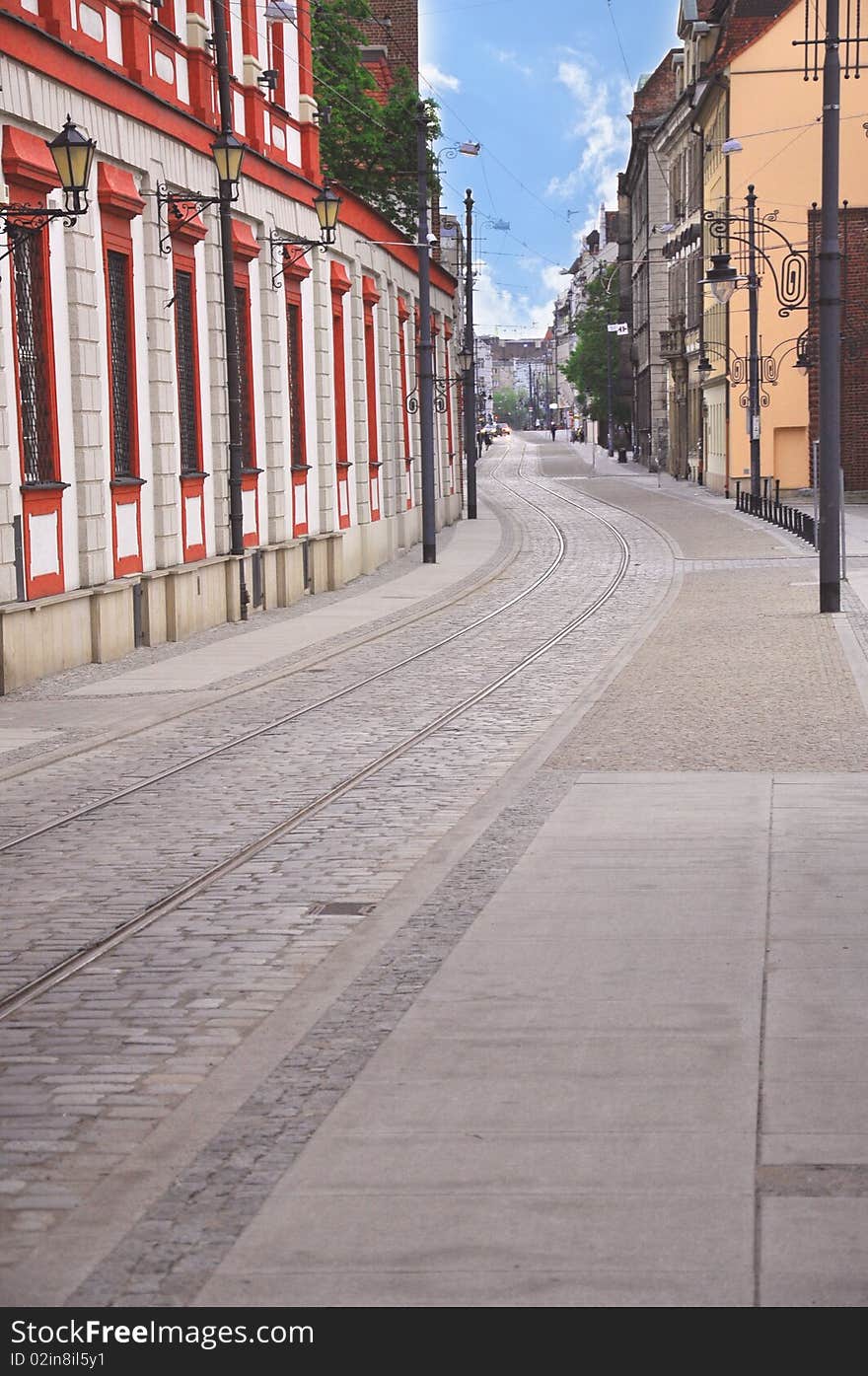 Tram route in the city, surrounded by modern buildings