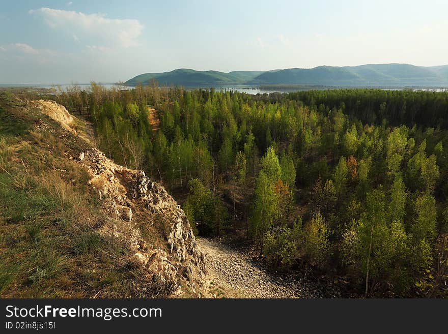 Spring landscape. Nature background. Volga river