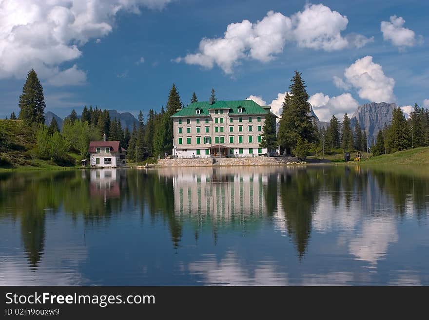 Spring alpine landscape with hotel in Flumserberg