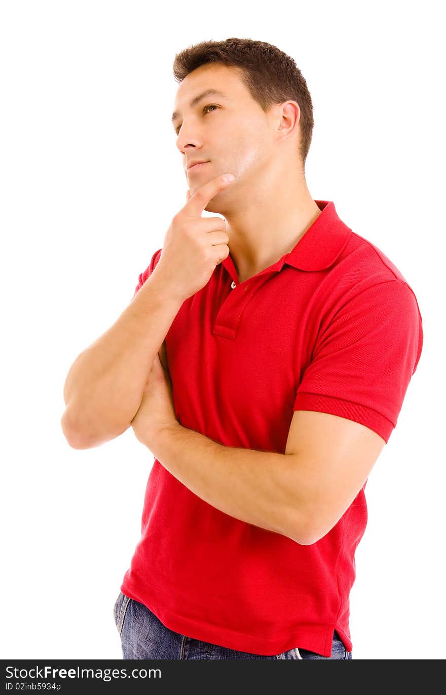 Pensive young casual man isolated on white background. Pensive young casual man isolated on white background