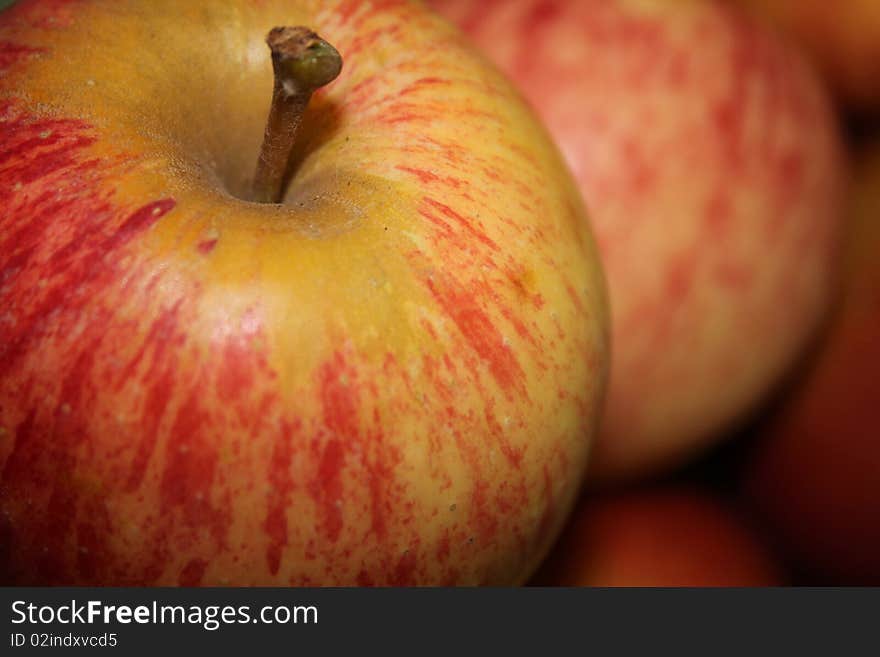 Apples, red and green with stalk, close-up