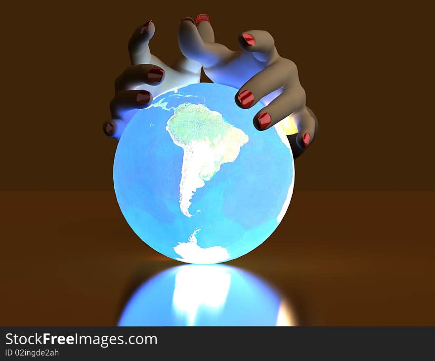 The hand rests on a bright ball, designed with a globe. The hand rests on a bright ball, designed with a globe