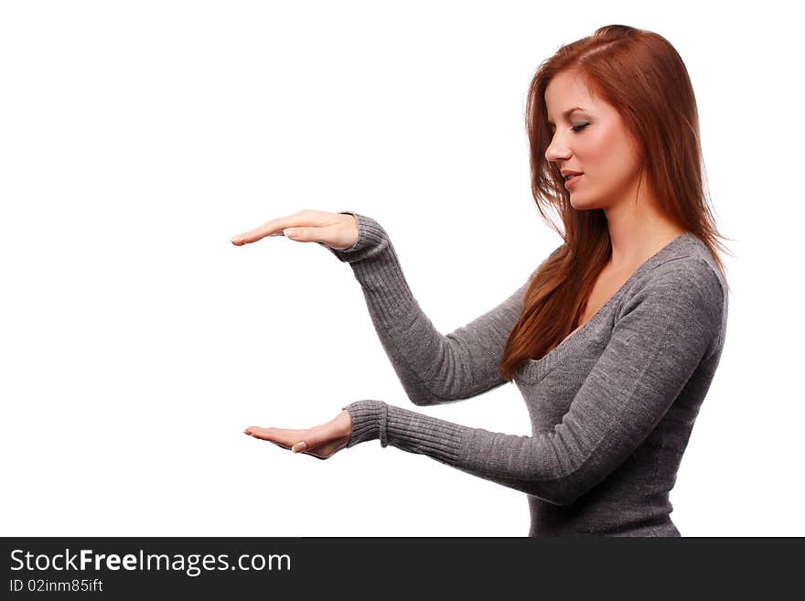 Woman in grey dress isolated at white background. Woman in grey dress isolated at white background