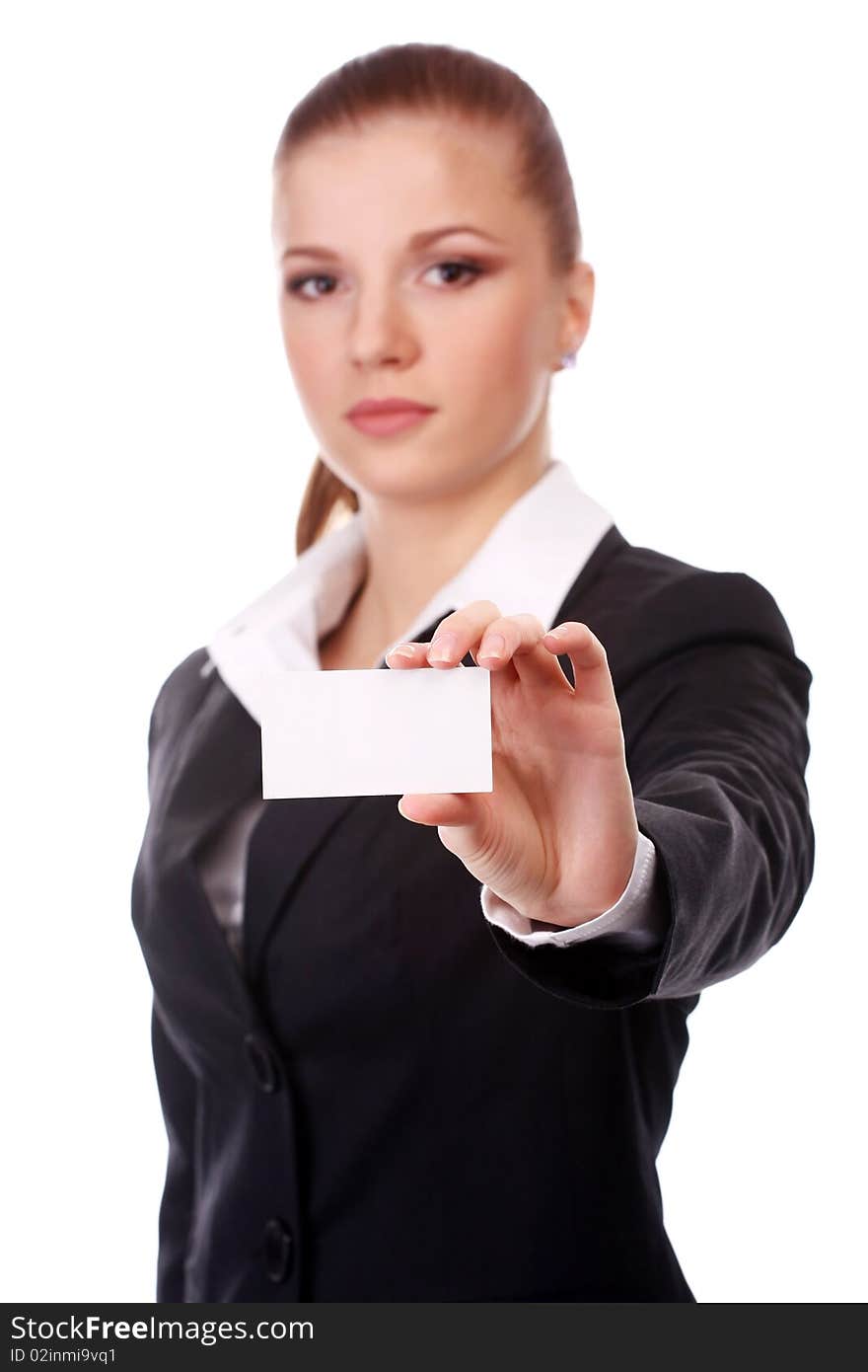 Businesswoman with white card