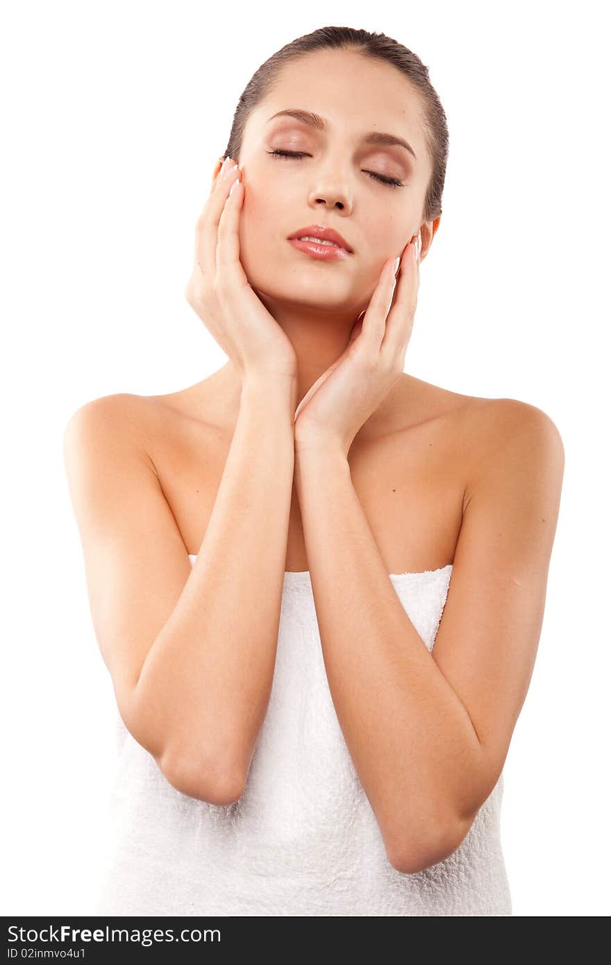 Young beautiful woman with clean white towel. Young beautiful woman with clean white towel