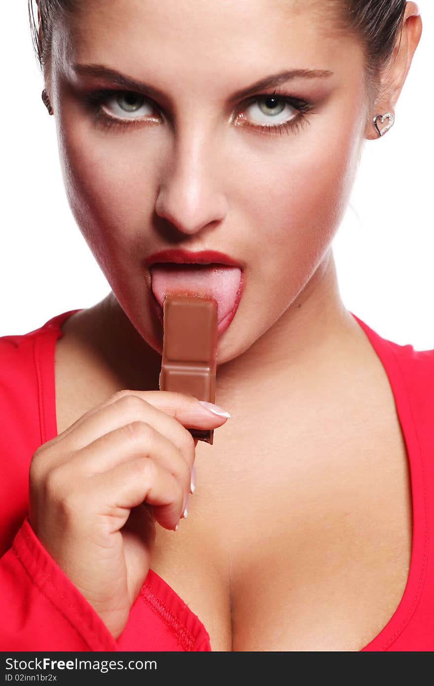 Woman And Bar Of Chocolate