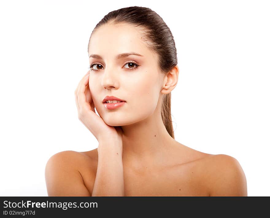 Young beautiful woman isolated at white background