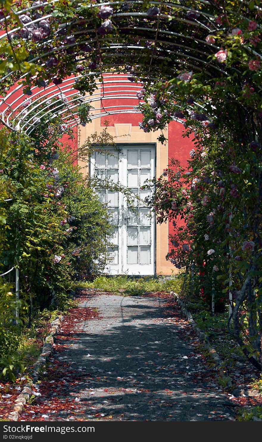 The blooming avenue leading to the  white door. The blooming avenue leading to the  white door