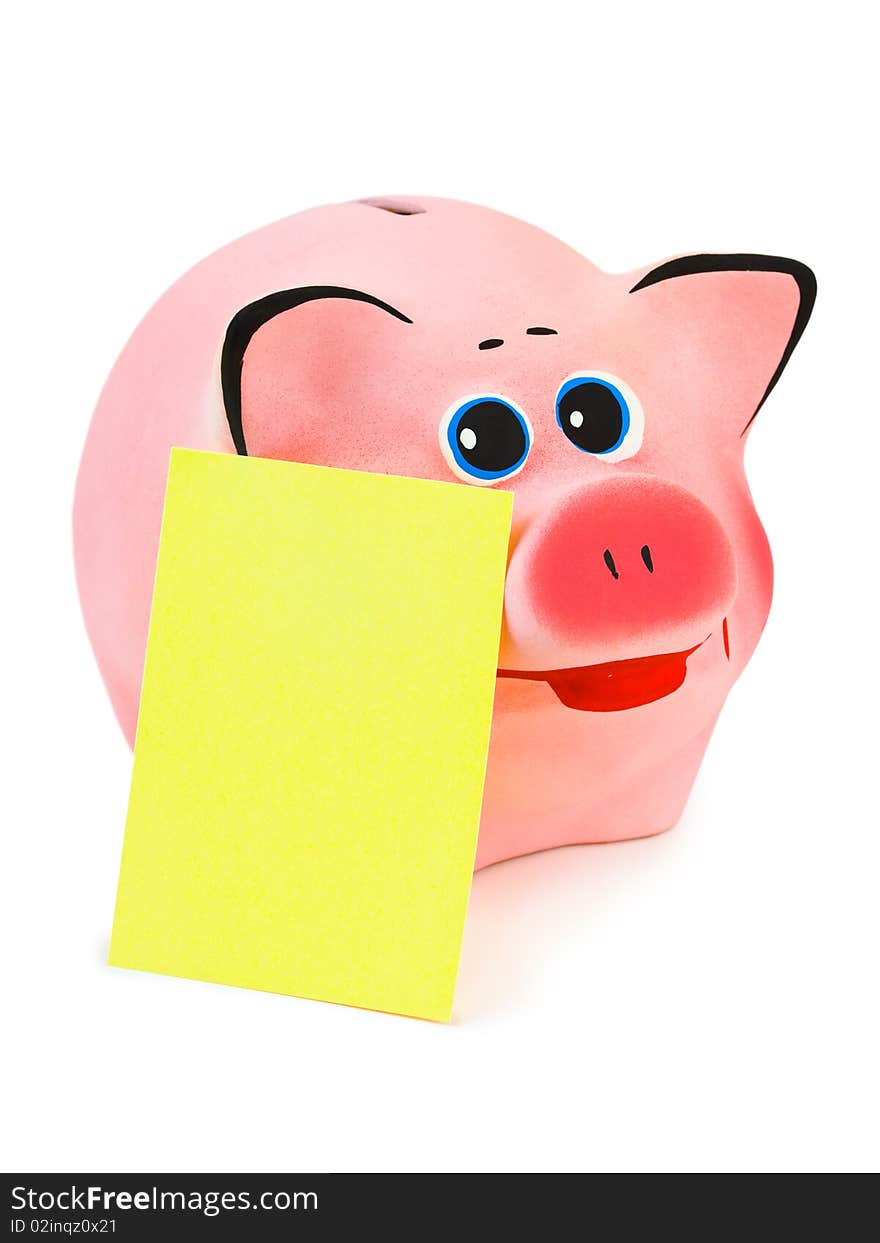 Piggy bank and note paper isolated on white background