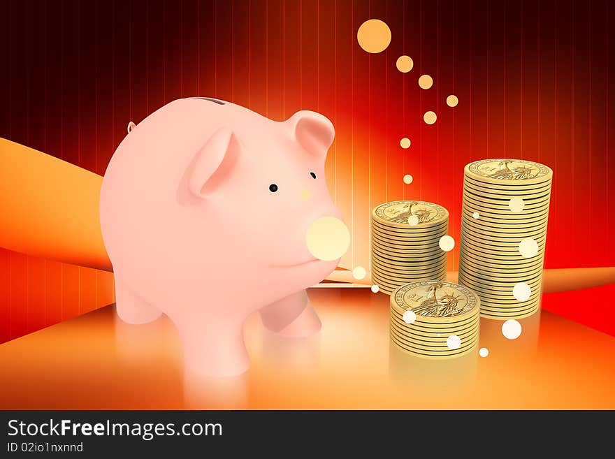 coins	piggy bank with gold coins on color background. coins	piggy bank with gold coins on color background