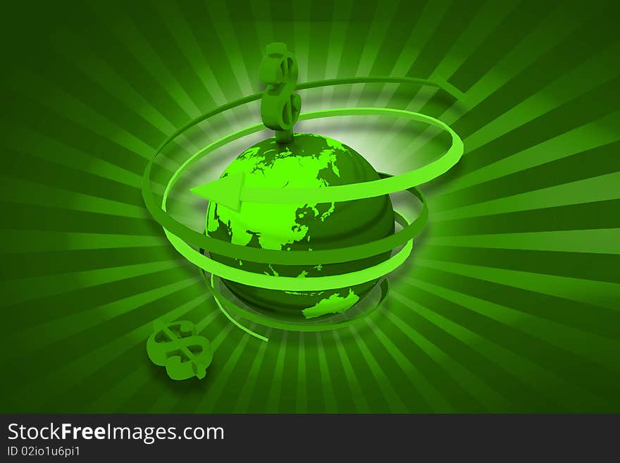 3d rendering of globe and dollar sign rotating arrows in digital color background. 3d rendering of globe and dollar sign rotating arrows in digital color background