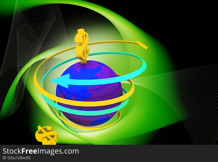 3d rendering of globe and dollar sign rotating arrows in digital color background. 3d rendering of globe and dollar sign rotating arrows in digital color background