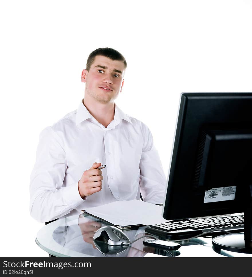 Businessmen sits at the computer. Studio shot. Businessmen sits at the computer. Studio shot