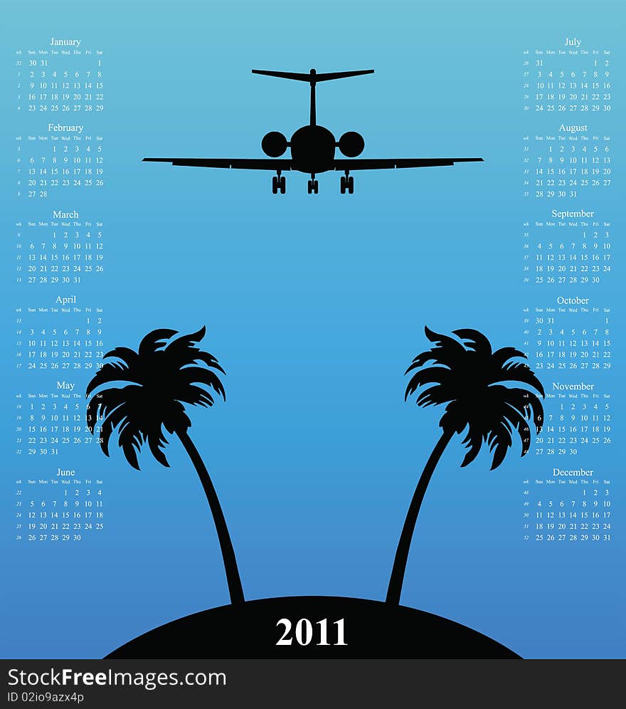 2011 calendar with plane flying over tropical island