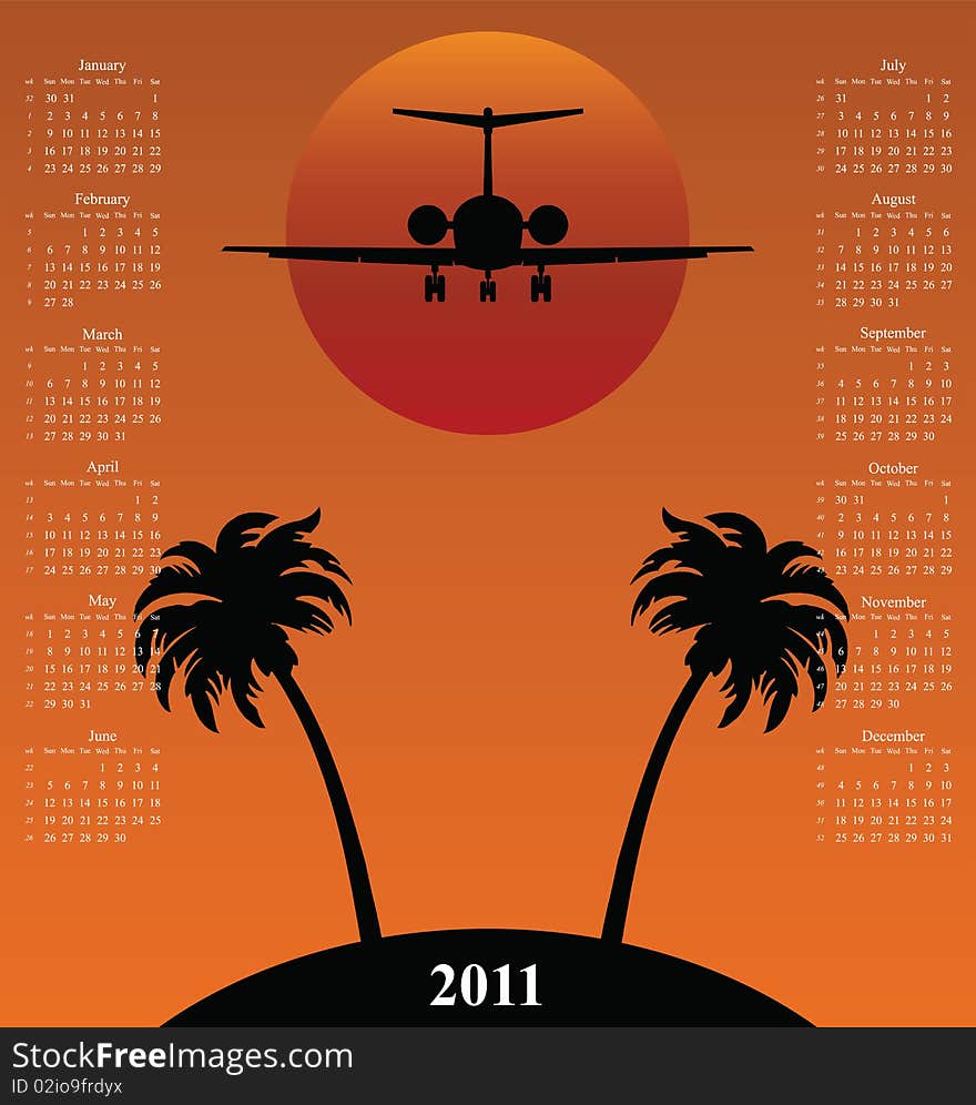 2011 calendar with plane flying over tropical island