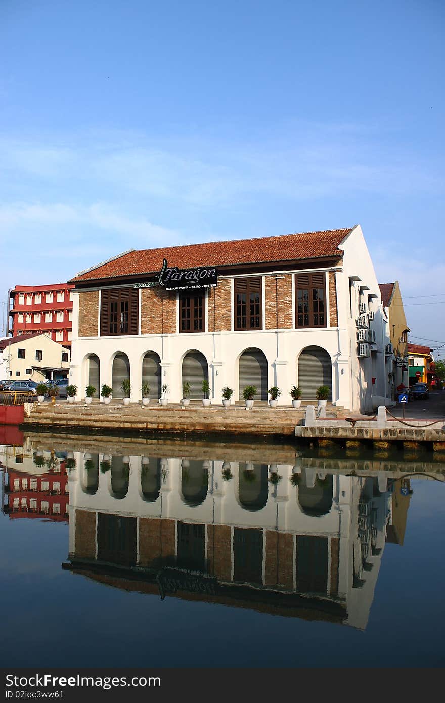 A restaurent by the river with blue sky. A restaurent by the river with blue sky