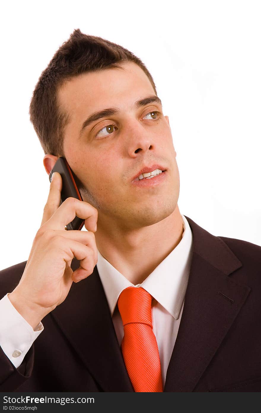 Young business man on the phone, isolated isolated on white background