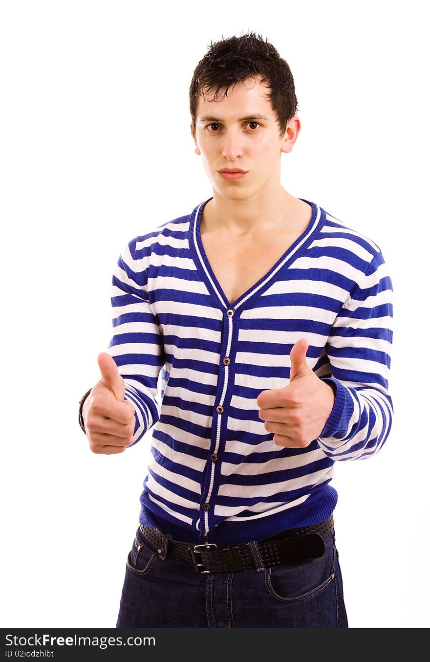 Young casual men tumbs up on white background. Young casual men tumbs up on white background