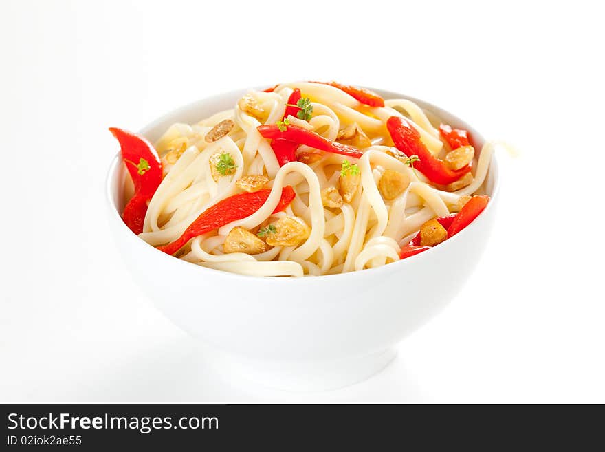 Spaghetti bowl with garlic and red pepper