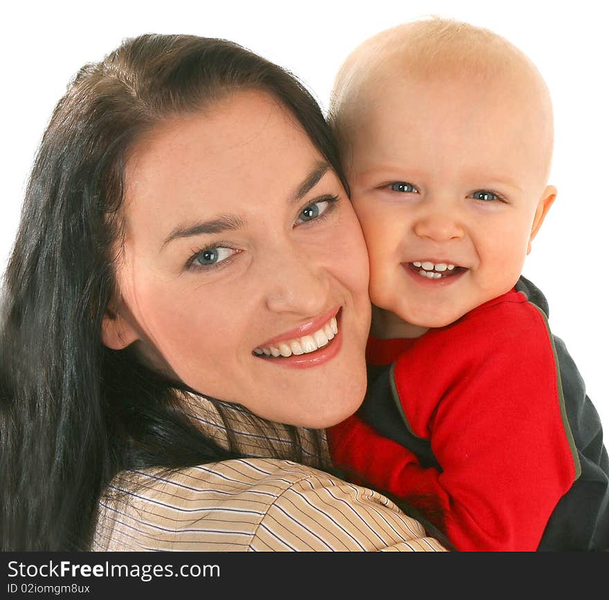 Happy mother with little son on white background