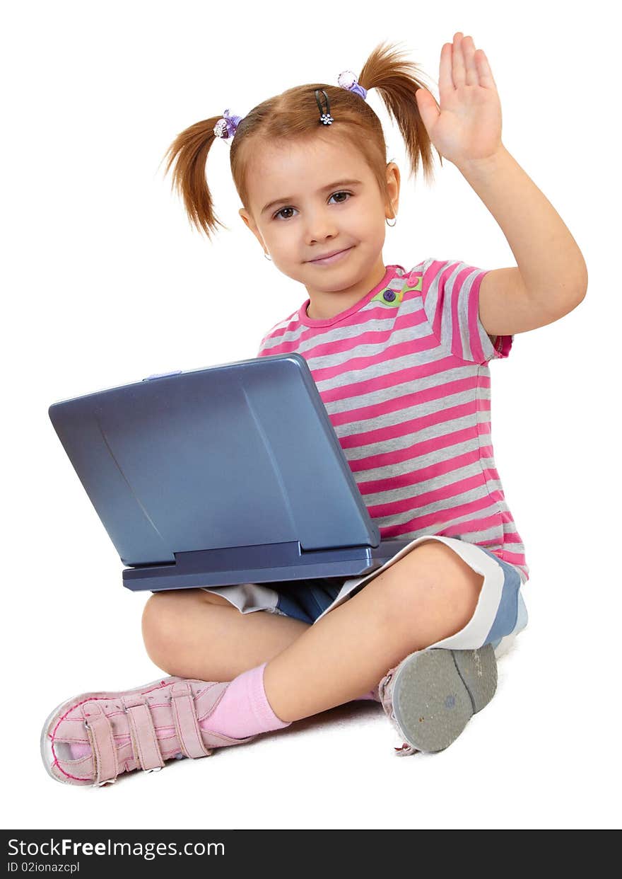 Little funny girl with laptop on white background