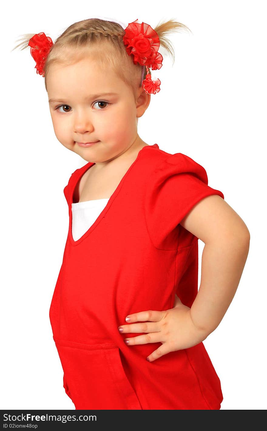 Little funny girl in red dress on white background