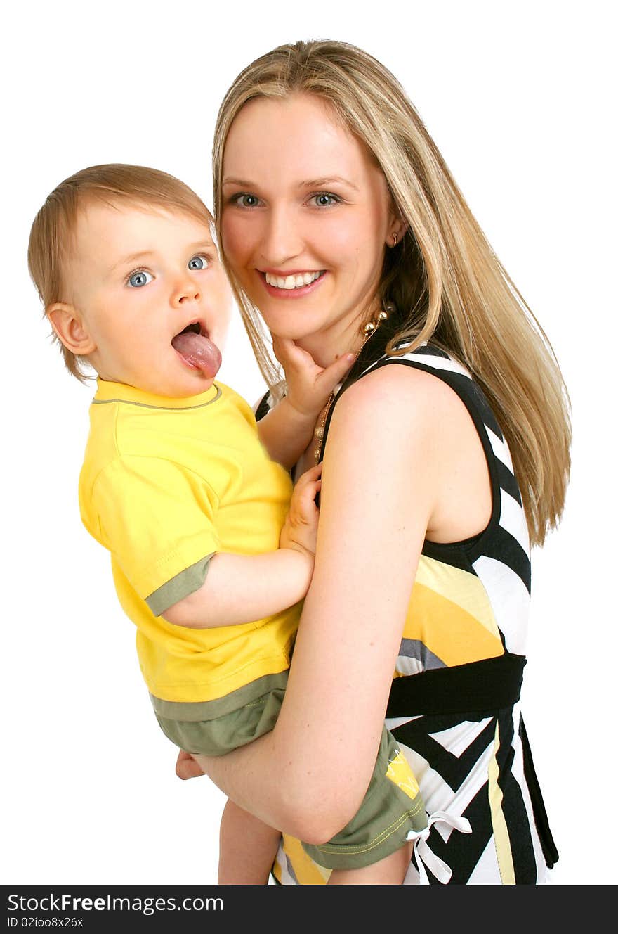 Young happy mother with baby boy on white background