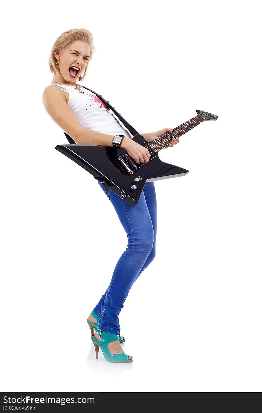 The beautiful blonde with a guitar over white - full body