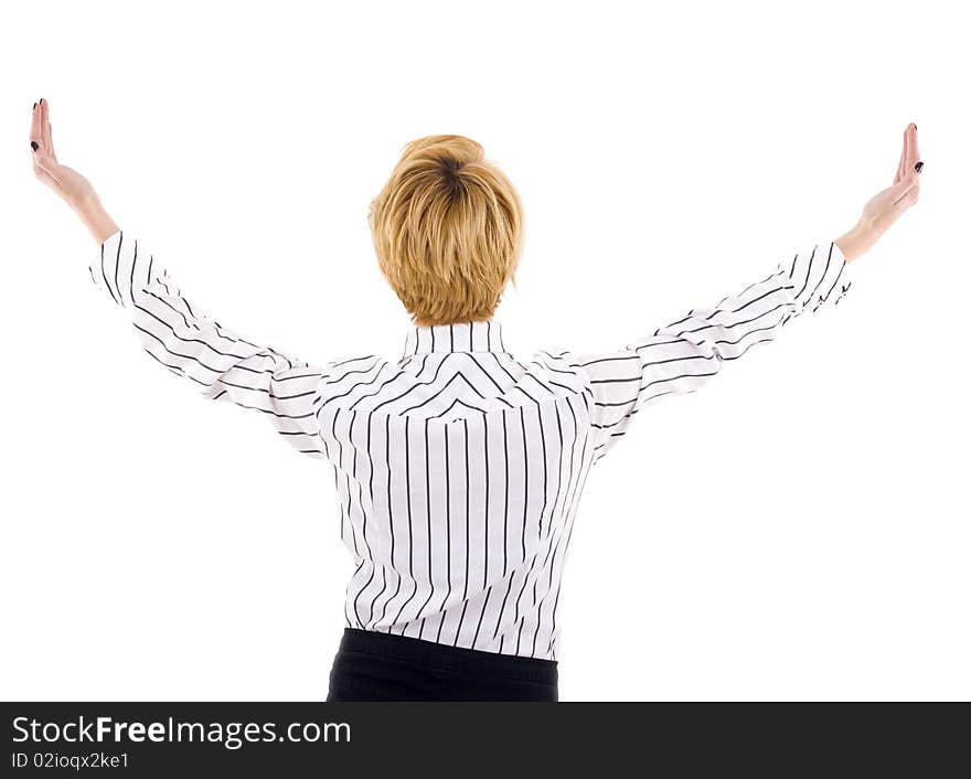 Back picture of a businesswoman with hands up in the air