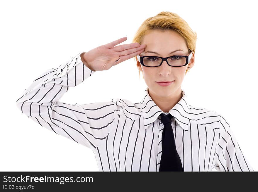 Attractive business woman saluting over white background