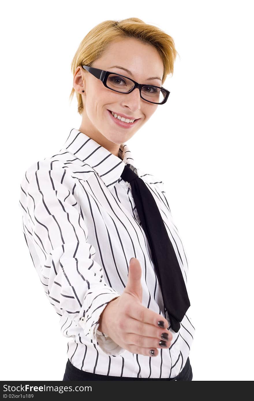 Businesswoman giving hand for handshake, isolated on white