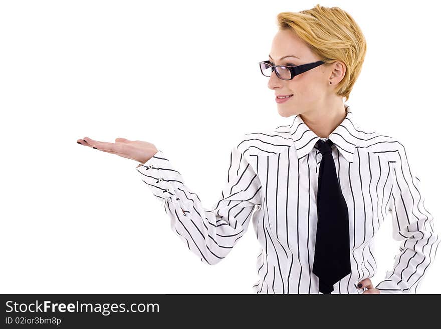 Beautiful woman showing something on the palm of her hand. Beautiful woman showing something on the palm of her hand