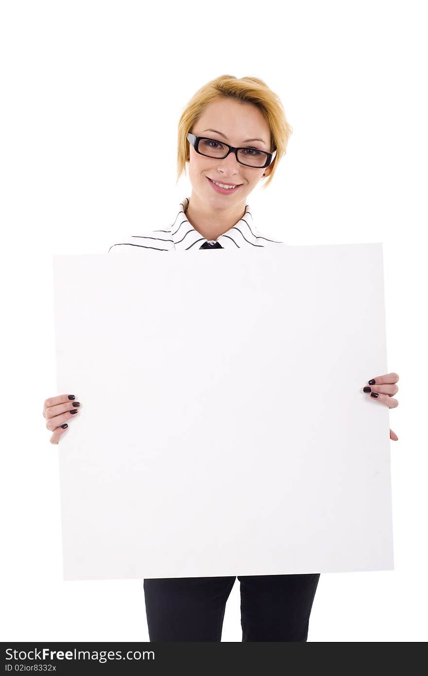 Young business woman holding empty white board