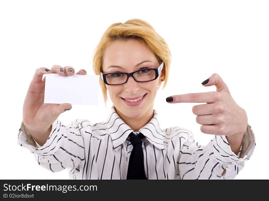 Businesswoman with glasses presenting a blank card. Businesswoman with glasses presenting a blank card