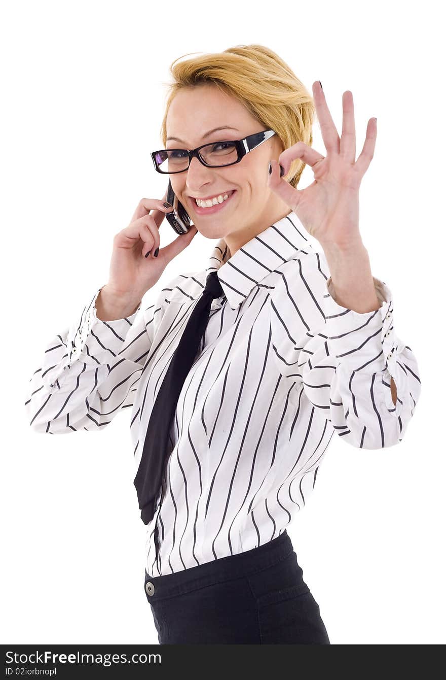 Happy businesswoman with phone and thumbs up gesture, isolated