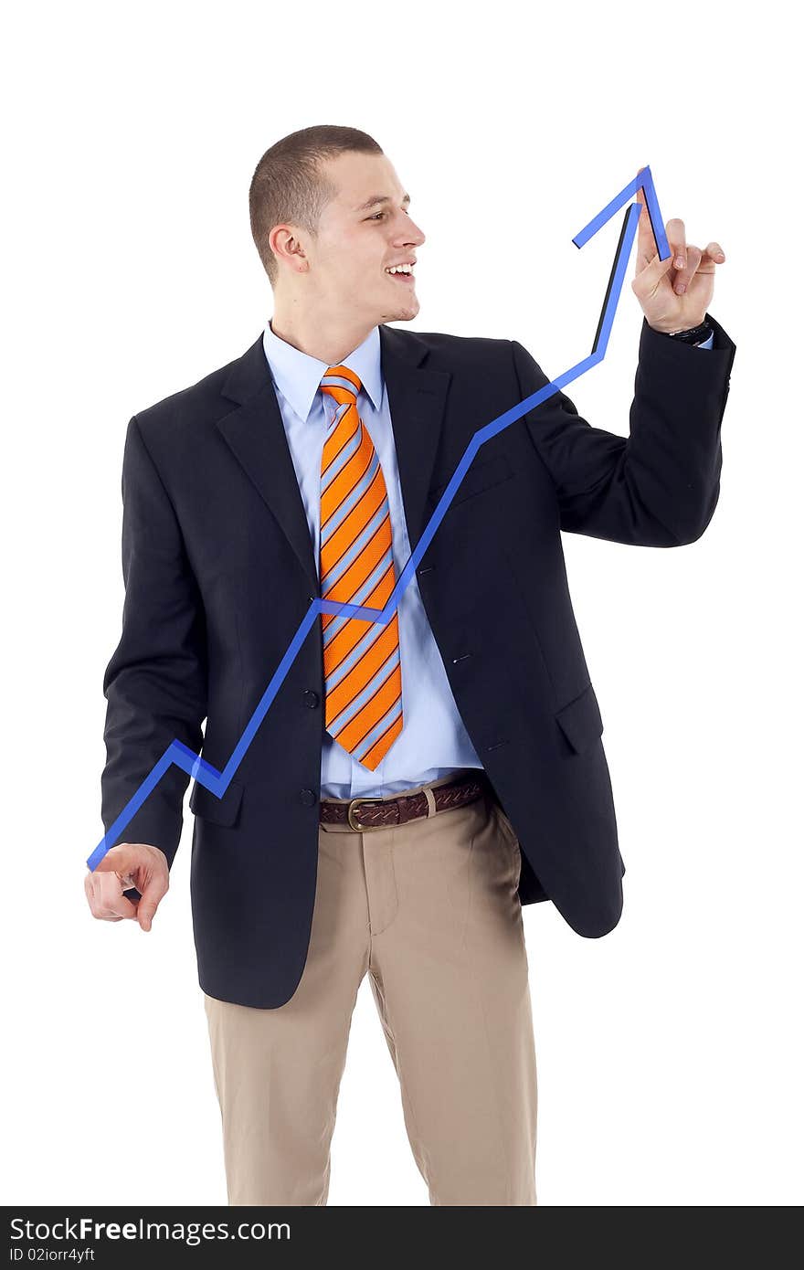 Businessman drawing an ascendent graph with his hands over white. Businessman drawing an ascendent graph with his hands over white