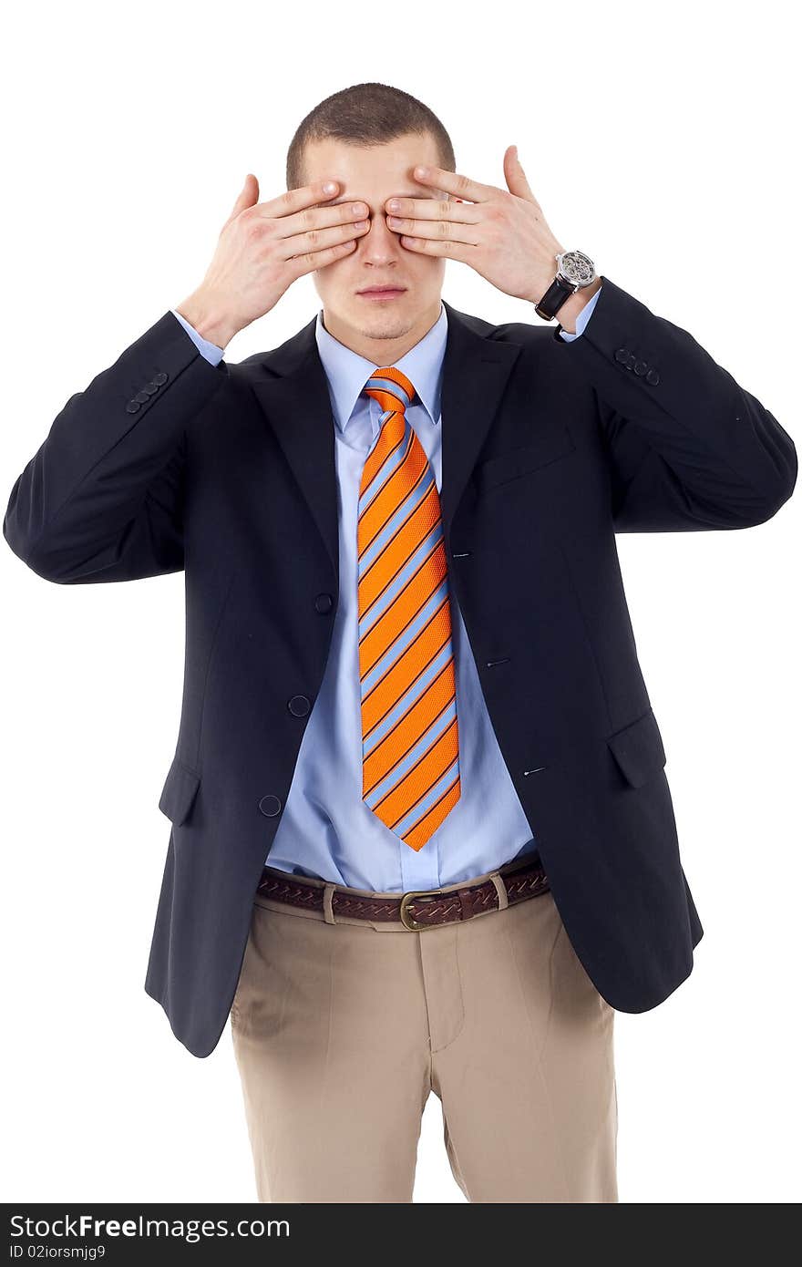 Businessman making the see no evil gesture over white