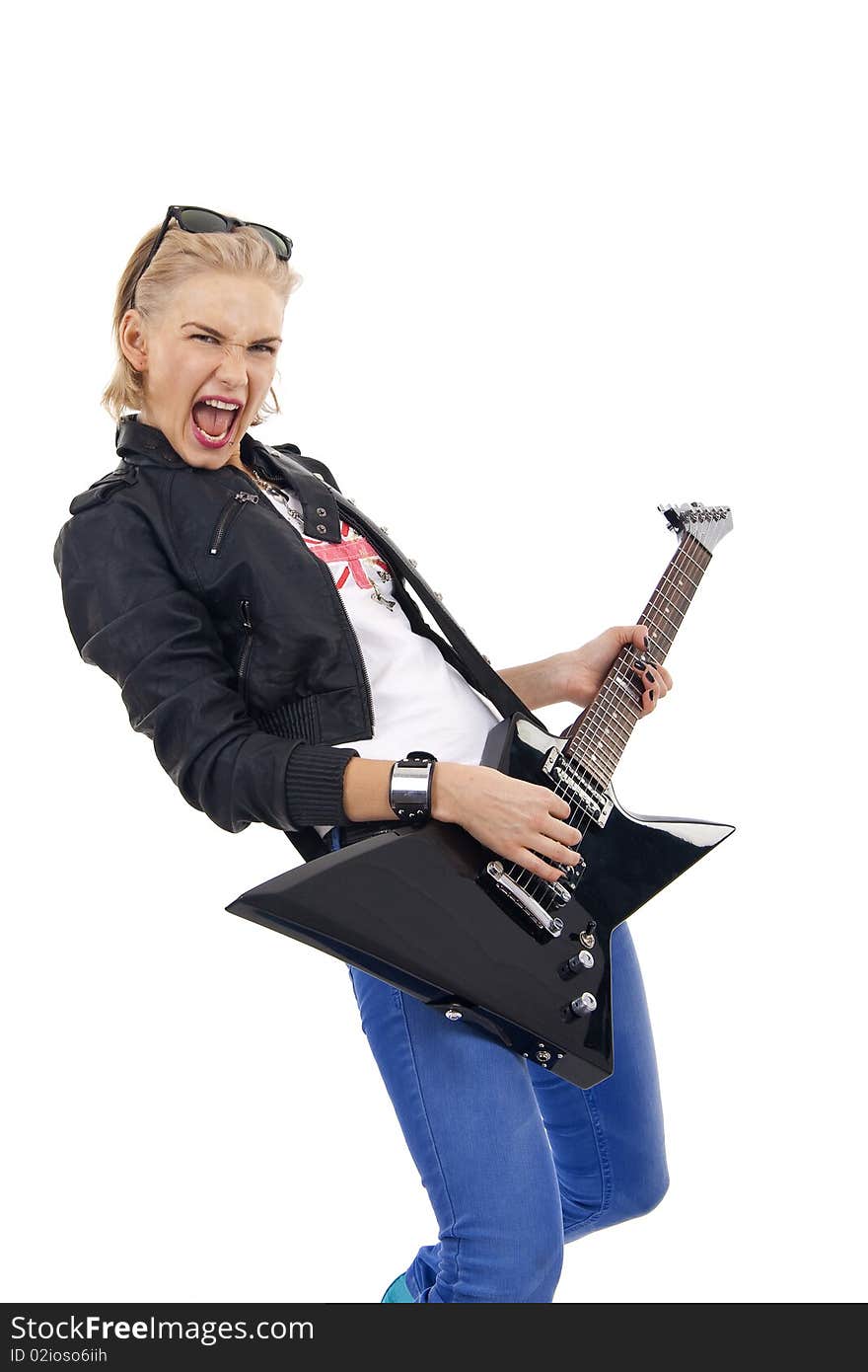 Fashion girl with guitar playing over white background