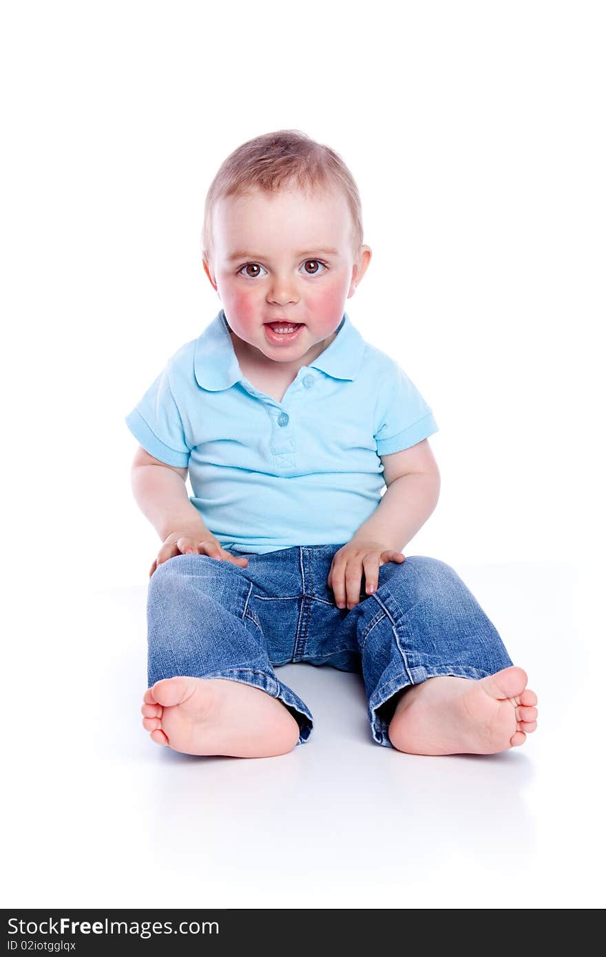 Photo of adorable young boy on white background