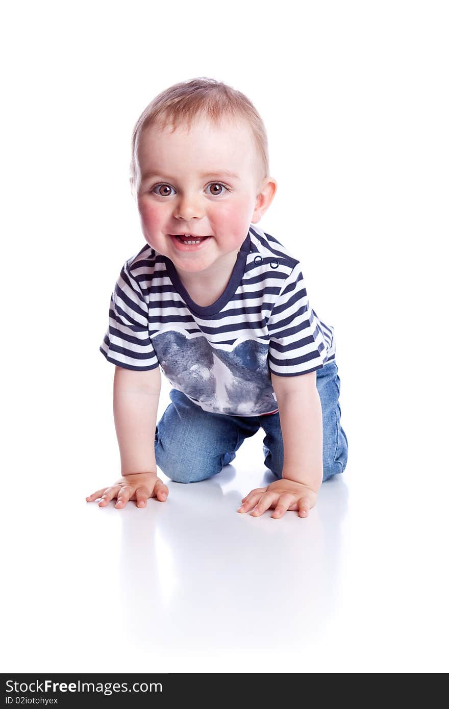 Photo of adorable young boy on white background