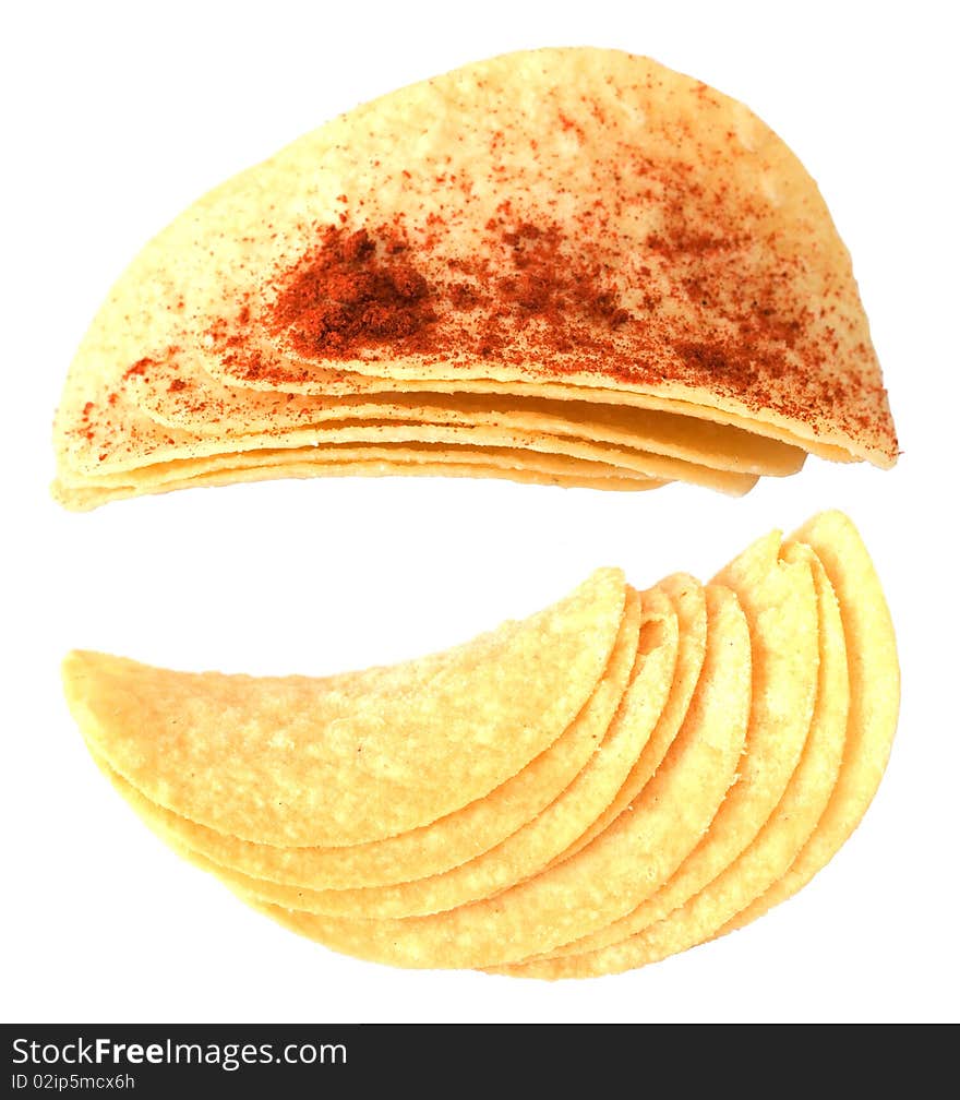 Macro of crispy chips over white background