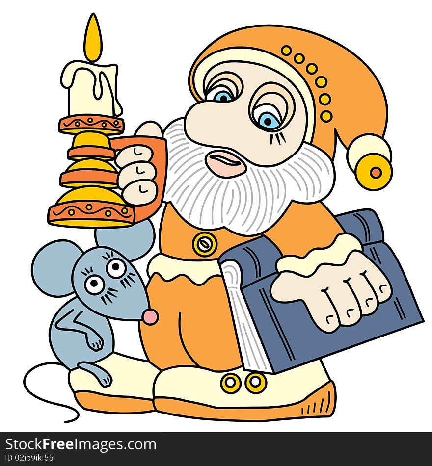 Good gnome with a book, a mouse and a candle. Illustration.