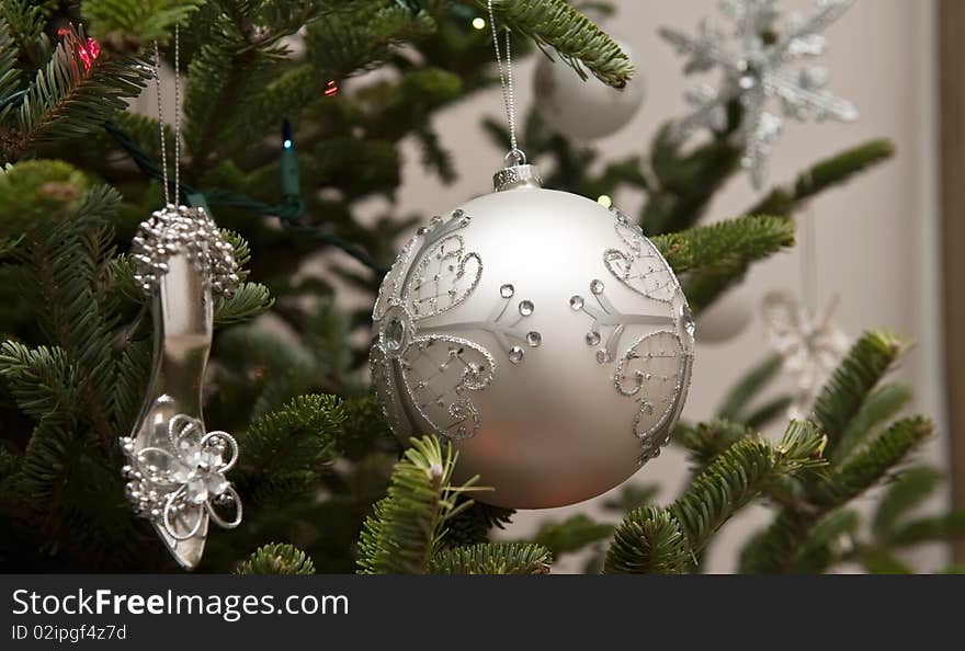 Decoration close up,  Christmas tree branches. Decoration close up,  Christmas tree branches