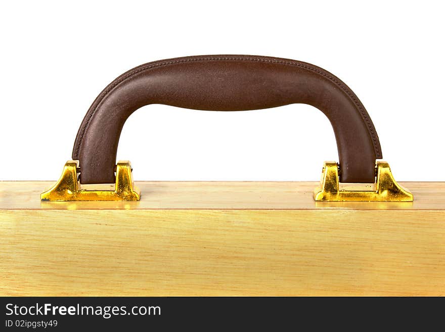 Wooden case with leather handle isolated on white background