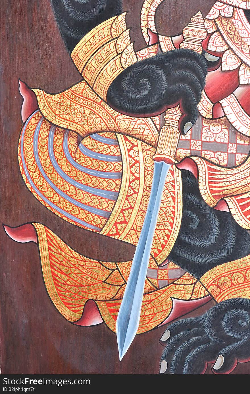 The mural painting in picture is thai style painting in emerald buddha temple ,thailand.