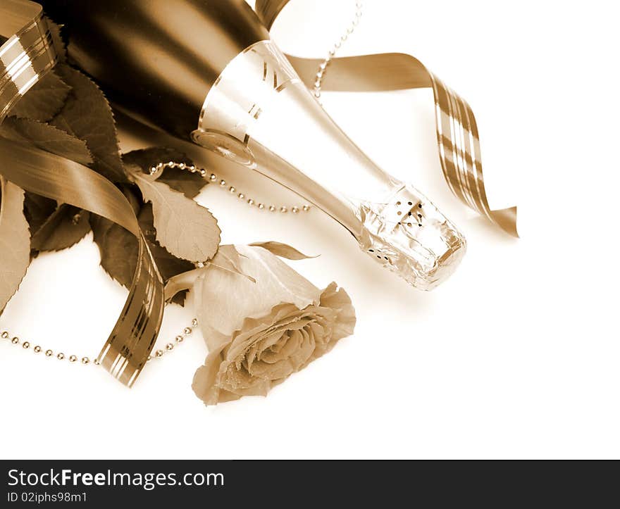 Champagne and  roses on a white background. Champagne and  roses on a white background