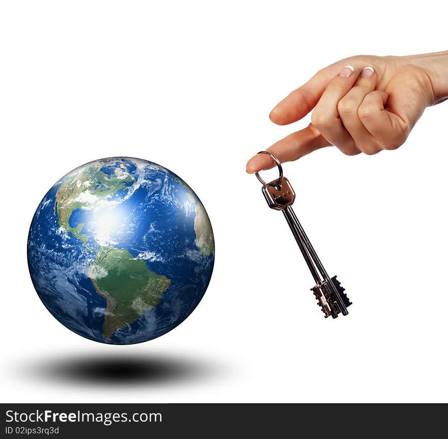 The hand holding out the keys to the whole world. Collage.