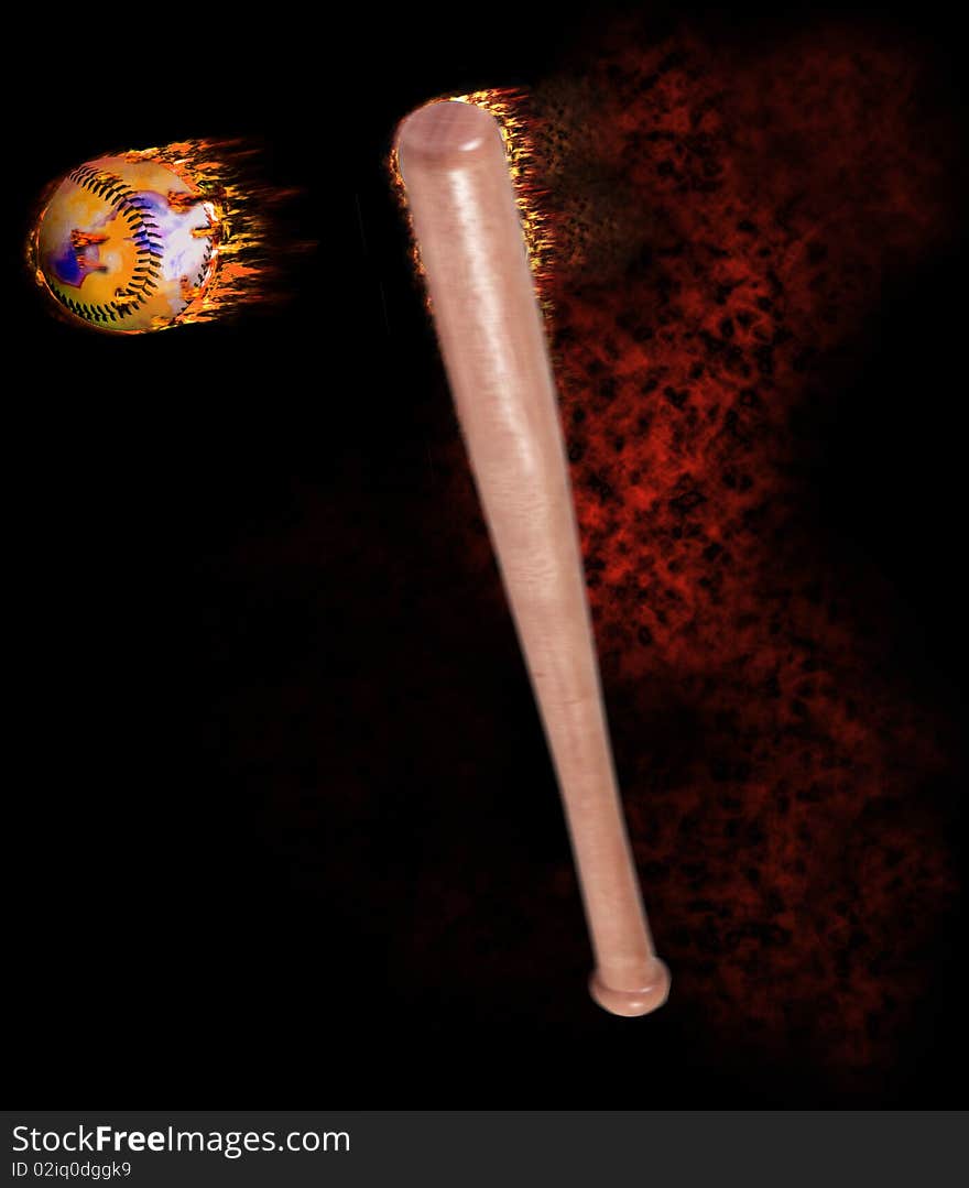 Baseball bat hits ball with fire and flames. Baseball bat hits ball with fire and flames